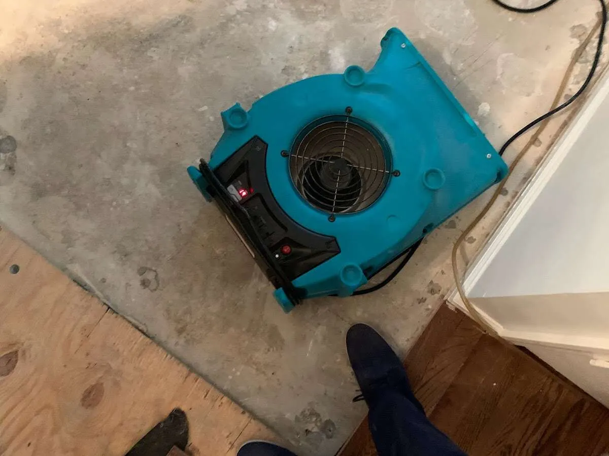Air mover drying subfloor during Leak Detection & Repair in Watertown